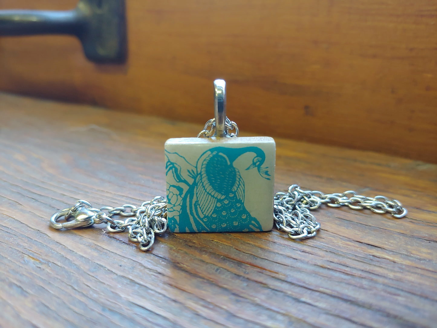 Peacock Scrabble Tile Pendant